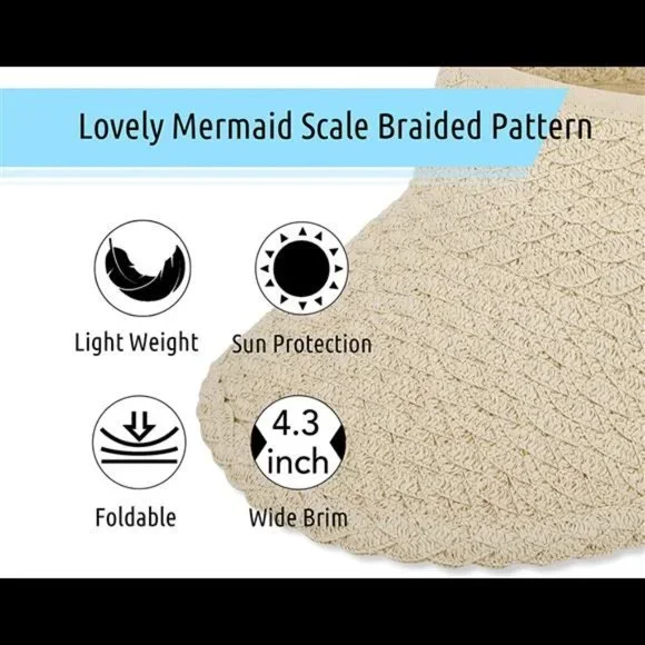 Women's Wide Brim Sun Hats Roll-up Foldable Straw Golf Visor Hat - Picture 4 of 6